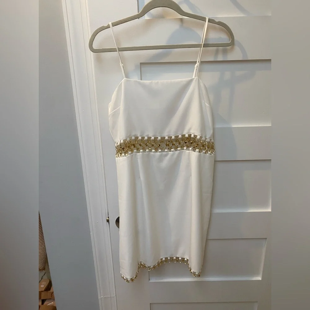 Audrey Parks white with gold chain hardware mini dress